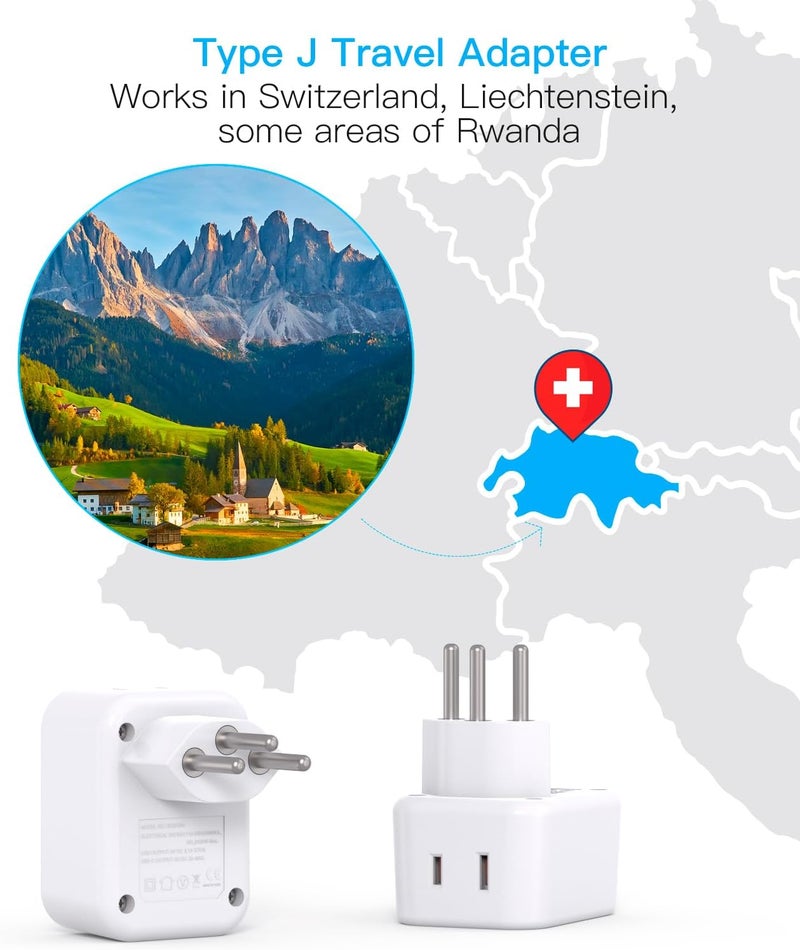 HANYCONY محول طاقة السفر السويسري ، محول طاقة من النوع J مع منفذين و3 منافذ USB (2 USB C) للاستخدام من الولايات المتحدة إلى سويسرا وليختنشتاين ورواندا - Image 2