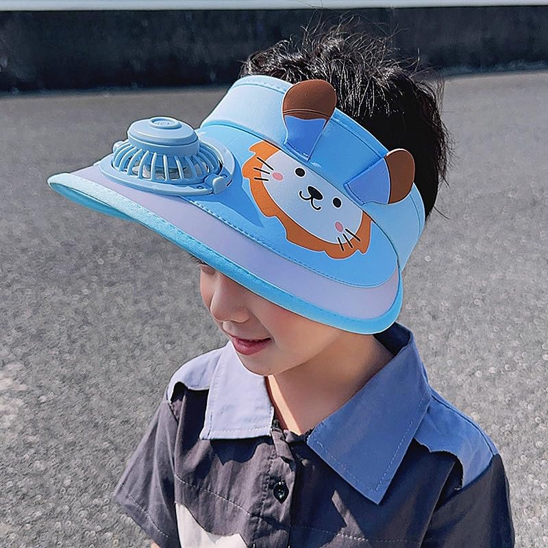 GREUS Kids Visor, Sun Visor Hat with USB Charging Fan, Cute Cartoon Design, Wide Brim Empty Top Sunhat for Boys Girls Outdoor - Image 2