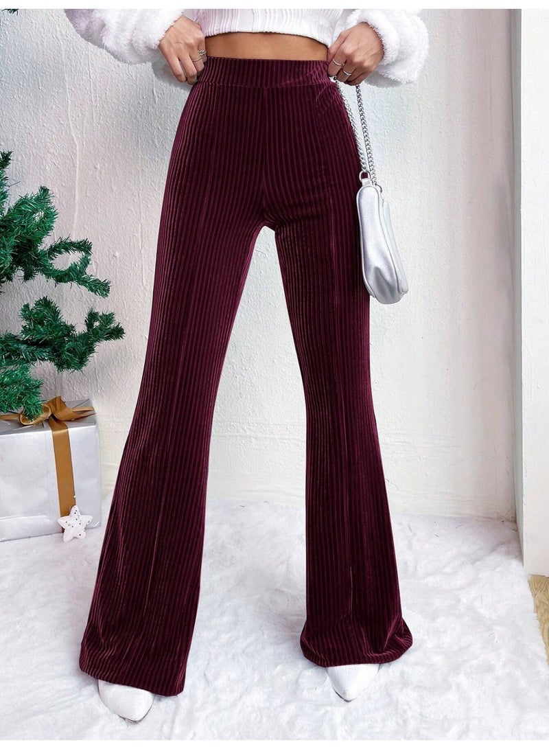 general Women's Solid Color High Waist Slim Small Bell Bottoms Corduroy Casual Pants - Image 1
