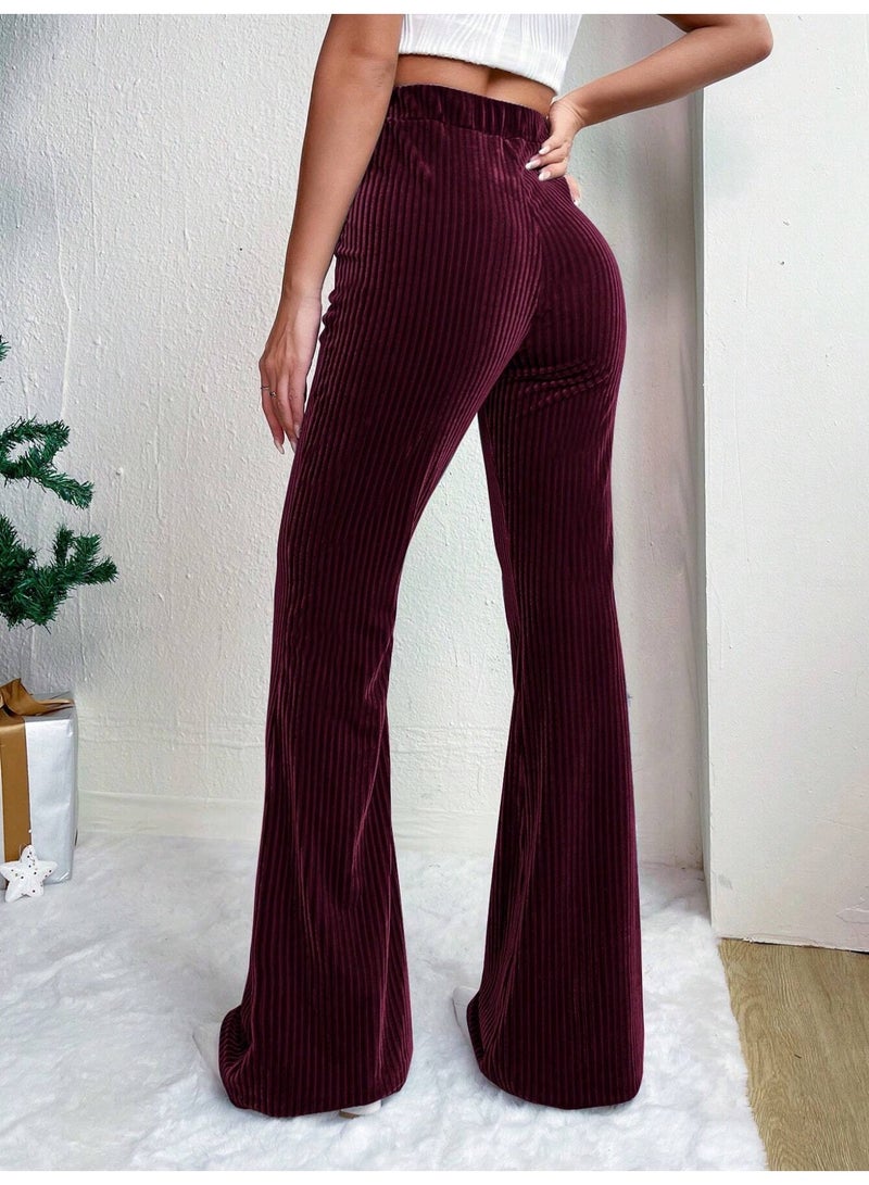 general Women's Solid Color High Waist Slim Small Bell Bottoms Corduroy Casual Pants - Image 2