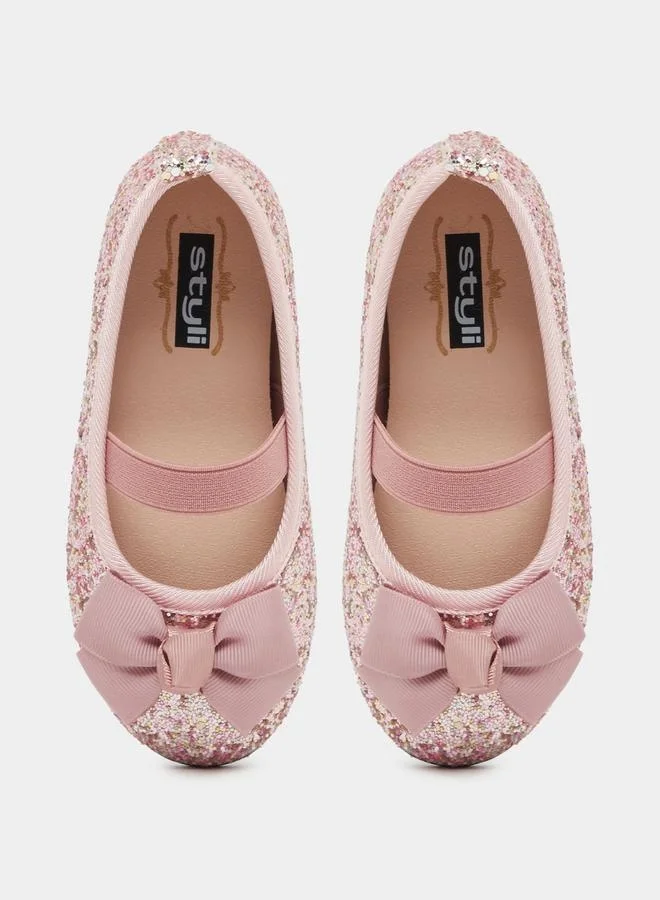 Styli Styli Glittered Slip On Ballerina with Bow Accent