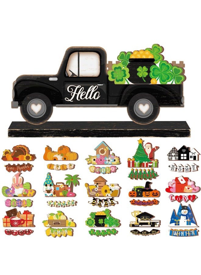 Anglechic 34 Pcs Valentines Day Interchangeable Truck Seasonal Sign Holiday Tier Tray Decor Set Farmhouse Rustic Wooden Welcome Ornaments Home Gifts - Image 1