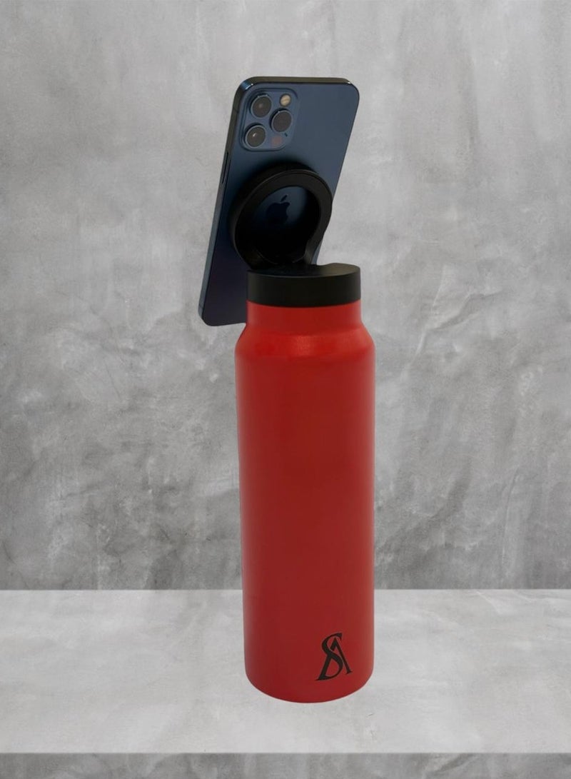 Insulated Water Bottle For Any Phone With Magnetic Phone Mount - Magsafe Compatible - Stainless Steel With Tripod Phone Holder - Hot 12H, Cold 24H, 360° Rotate - Red 710Ml - Image 2