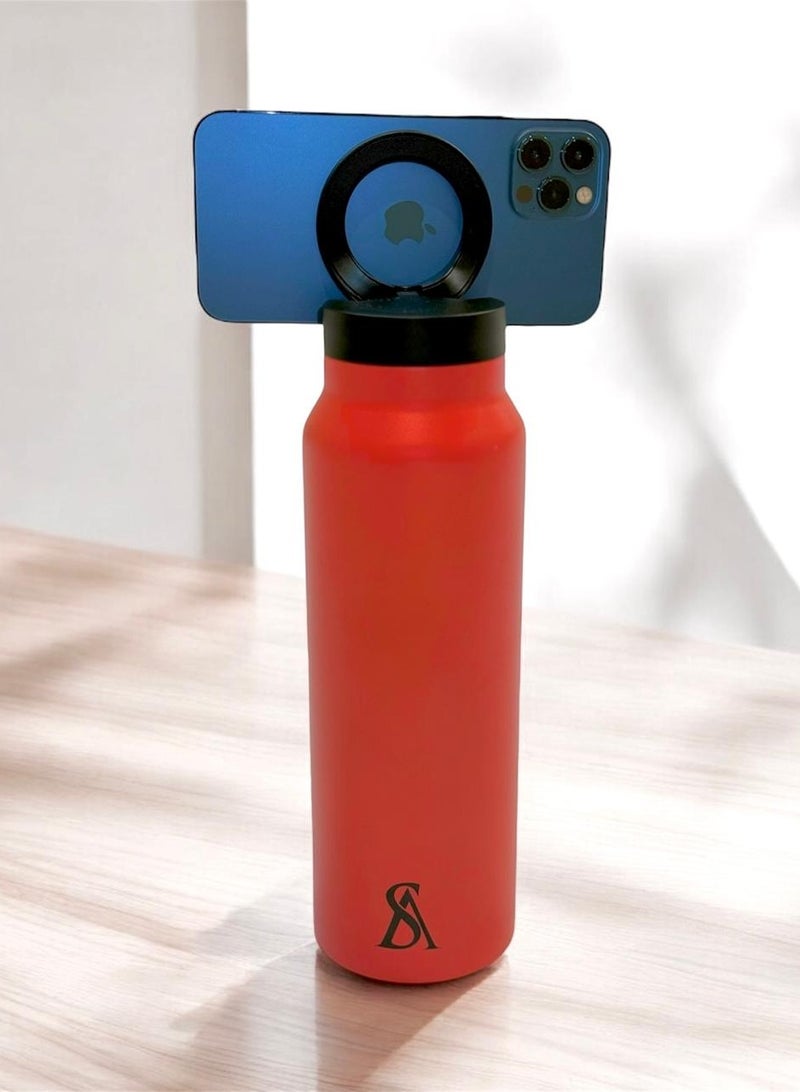 Insulated Water Bottle For Any Phone With Magnetic Phone Mount - Magsafe Compatible - Stainless Steel With Tripod Phone Holder - Hot 12H, Cold 24H, 360° Rotate - Red 710Ml - Image 1