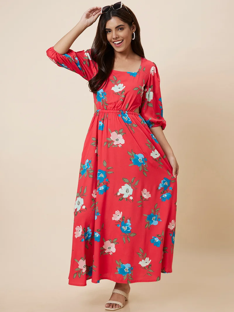 globus Women Floral Printed Puff Sleeve Cut Out Maxi Dress