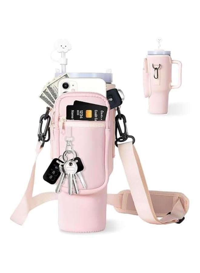 HOOKOR Water Bottle Holder with Strap for Stanley 40 oz Tumbler with Handle, with Cell Phone Pocket and Adjustable Shoulder Strap & Carabiner for Stanley Cup Accessories (Pink)  - Image 1