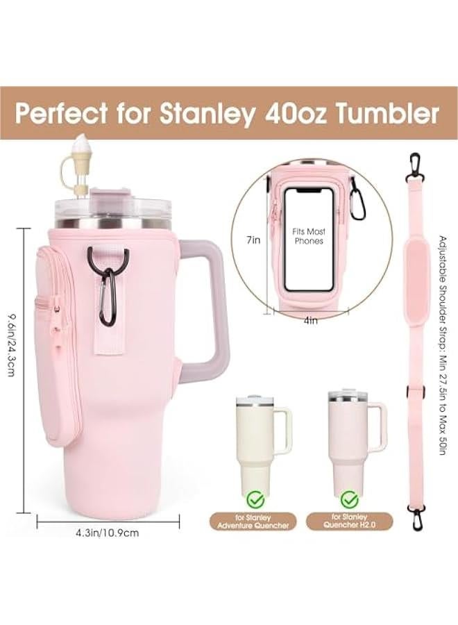 HOOKOR Water Bottle Holder with Strap for Stanley 40 oz Tumbler with Handle, with Cell Phone Pocket and Adjustable Shoulder Strap & Carabiner for Stanley Cup Accessories (Pink)  - Image 2