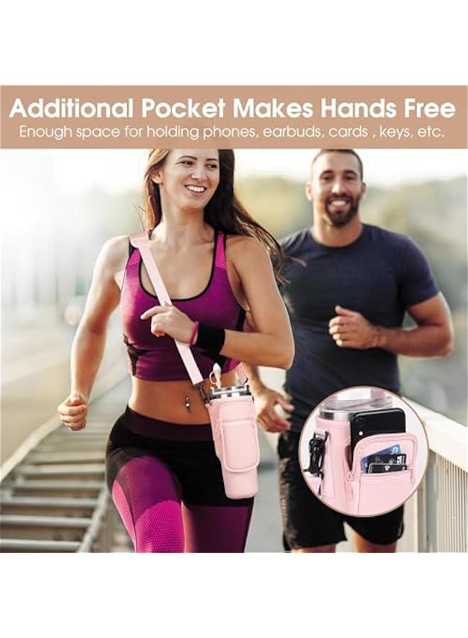 HOOKOR Water Bottle Holder with Strap for Stanley 40 oz Tumbler with Handle, with Cell Phone Pocket and Adjustable Shoulder Strap & Carabiner for Stanley Cup Accessories (Pink)  - Image 5