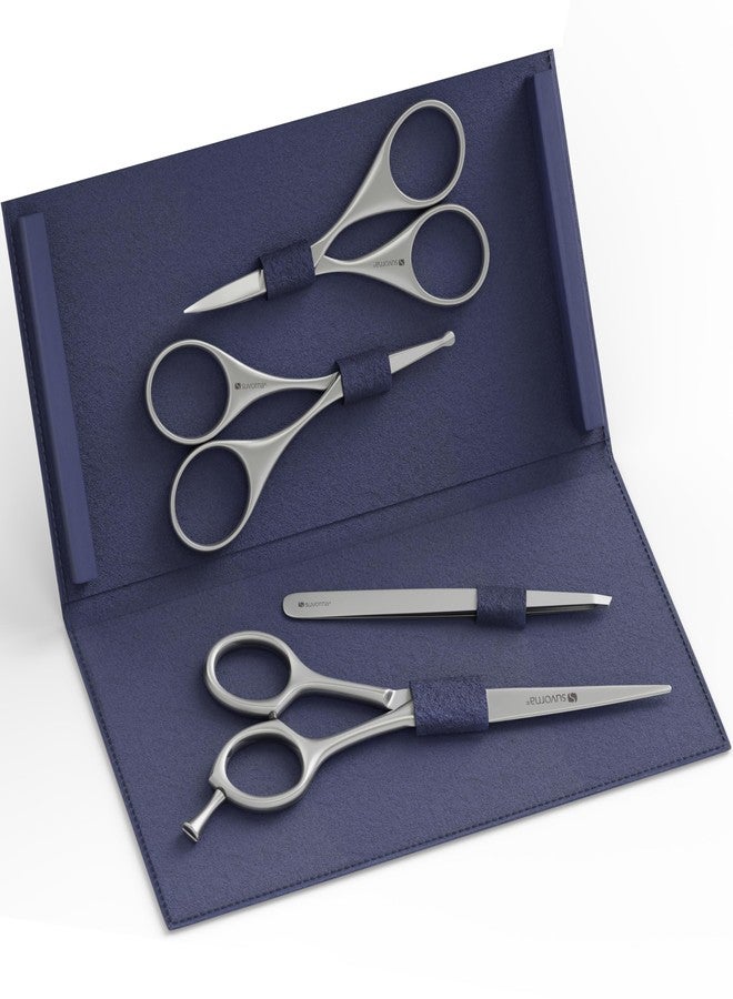 Suvorna Premium Beard & Mustache Set with Beard scissors for men - Facial Hair/Nose/Eyebrow Scissors - Slant Tweezers (4 Pcs Dark Blue) - Image 1