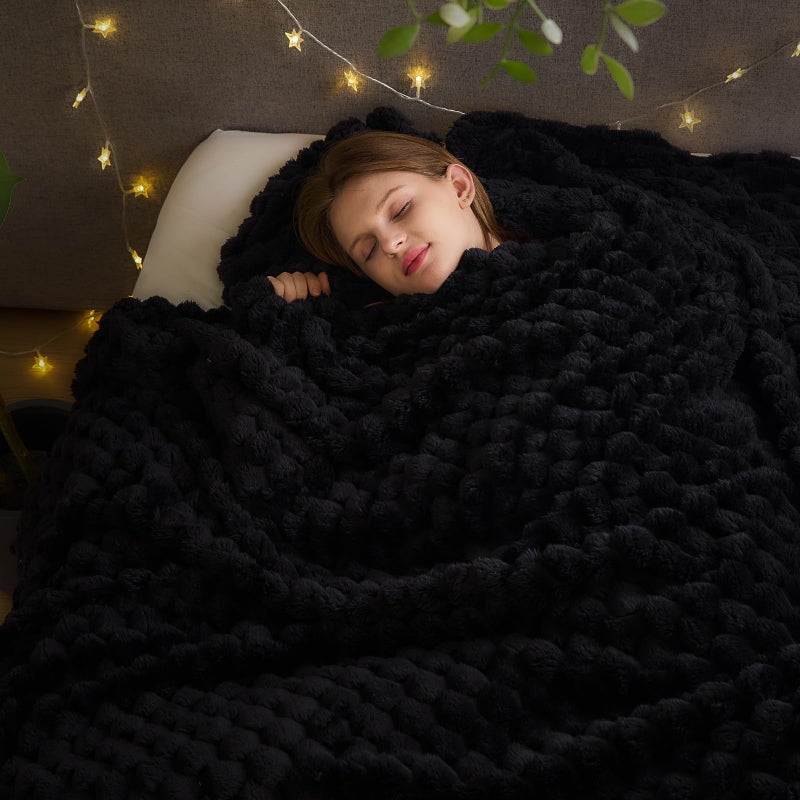 NEWCOSPLAY Super Soft Queen Blanket Black Premium Silky Flannel Fleece 3D Clouds Stylish Jacquard Lightweight Bed Blanket All Season Use 350GSM (Black  Queen(90""x90"")) - Image 1