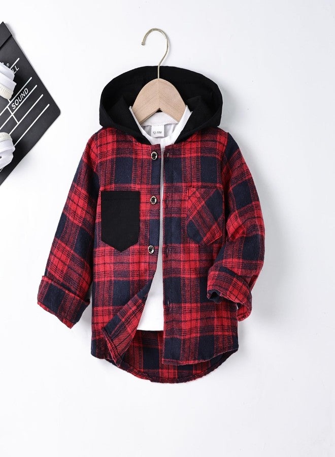 FOCICI Boy Clothes 4T Toddler Plaid Long Sleeve Button Down Jacket Top Shirt Casual Pocket Jacket Fall Winter Outfits Set Red 4-5 Years Old - Image 3