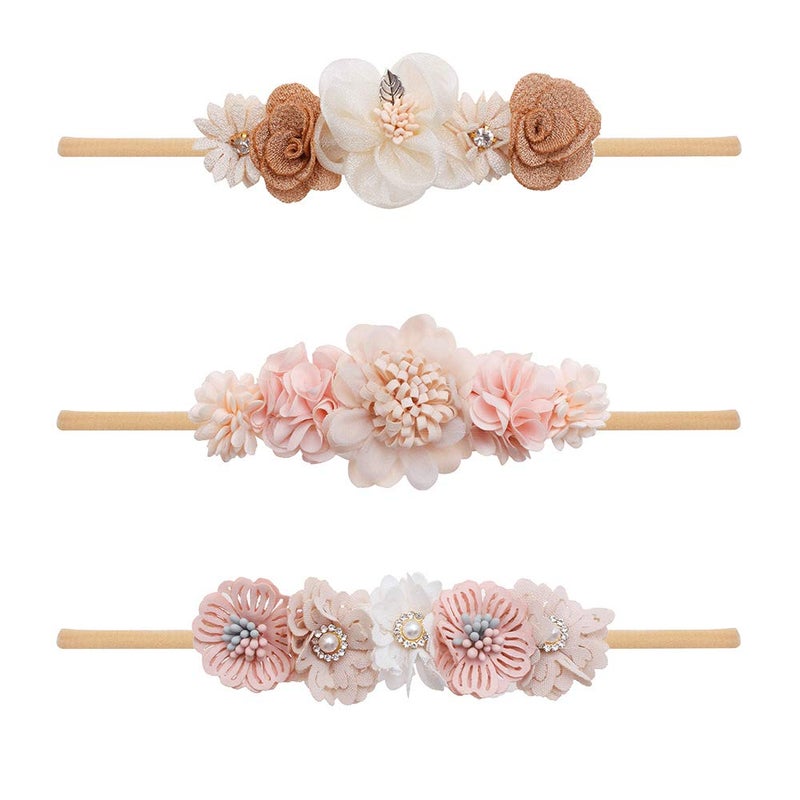 mligril Baby Girl Nylon Headbands Flower Hair Bows Accessories-Elastic Hair Band Crown Handmade FLoral Wraps Birthday Gifts for Girls Newborn Infant Toddler 3Pcs - Image 1