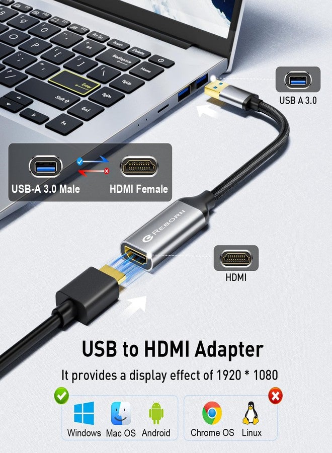 Reborn USB to HDMI Adapter, 1080P@60Hz USB 3.0 Male to HDMI Female Multi-Display Cable Converter Suitable for Macos Windows 7/8/10/11 - Driver Installation is Required - Image 2