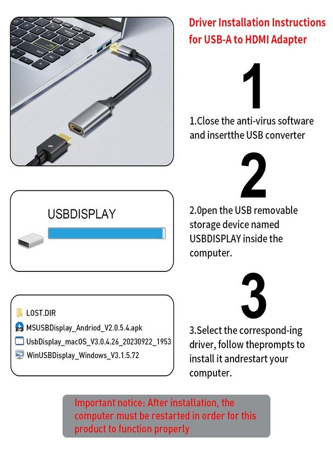 Reborn USB to HDMI Adapter, 1080P@60Hz USB 3.0 Male to HDMI Female Multi-Display Cable Converter Suitable for Macos Windows 7/8/10/11 - Driver Installation is Required - Image 3