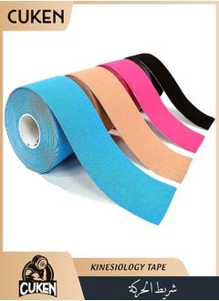 Cuken 4 Rolls Waterproof Breathable Kinesiology Tape, Athletic Elastic Kneepad Muscle Pain Relief Knee Taping for Gym Fitness Running Tennis Swimming Football (Black, Gray, Pink, Blue)  - Image 1