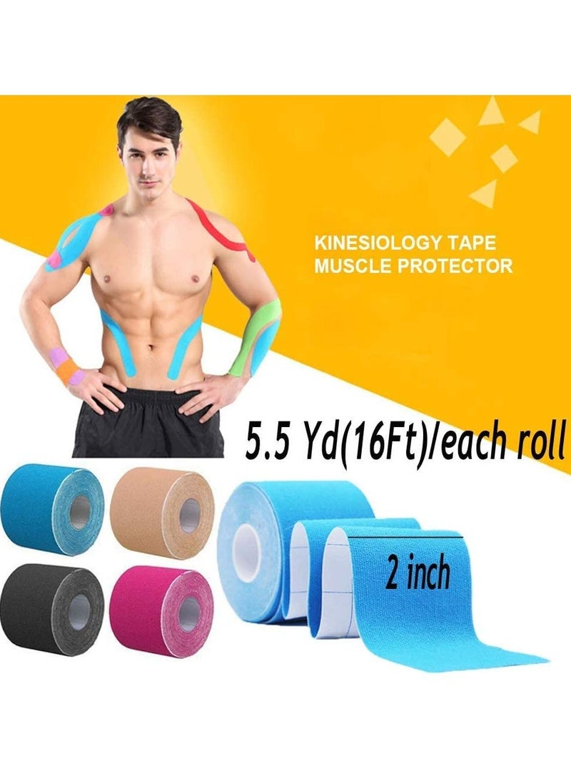 Cuken 4 Rolls Waterproof Breathable Kinesiology Tape, 5 cm x 5 m Muscle Tape, Sports Tape, Knee Tape, Athletic Elastic Kneepad Muscle Pain Relief Knee Taping for Gym Fitness Running Tennis Swimming Football, Black, Beige, Pink, Blue - Image 2