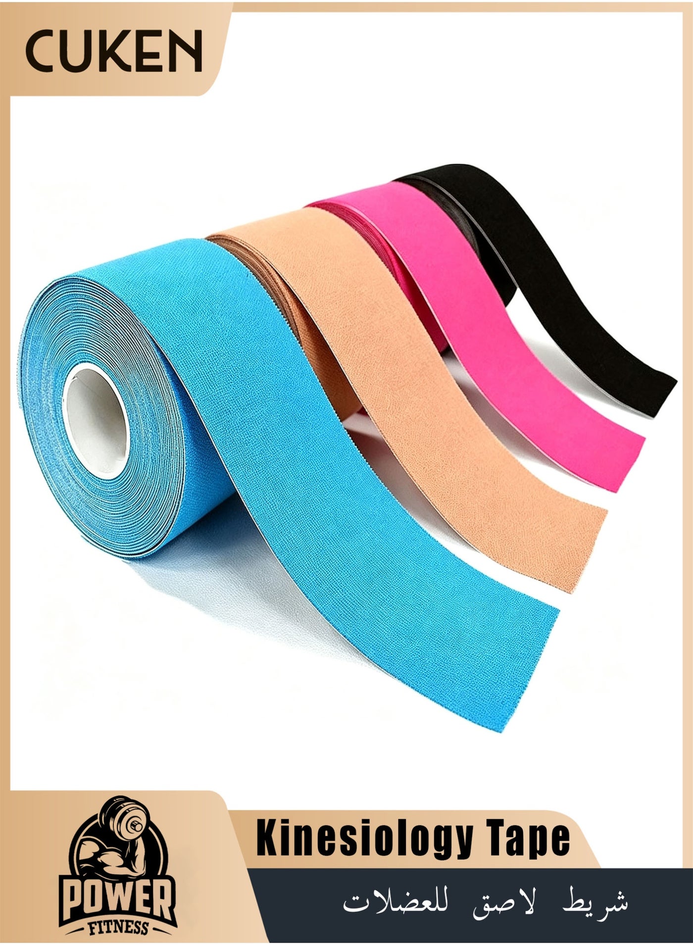 4 Rolls Waterproof Breathable Kinesiology Tape, 5 cm x 5 m Muscle Tape, Sports Tape, Knee Tape, Athletic Elastic Kneepad Muscle Pain Relief Knee Taping for Gym Fitness Running Tennis Swimming Football, Black, Beige, Pink, Blue