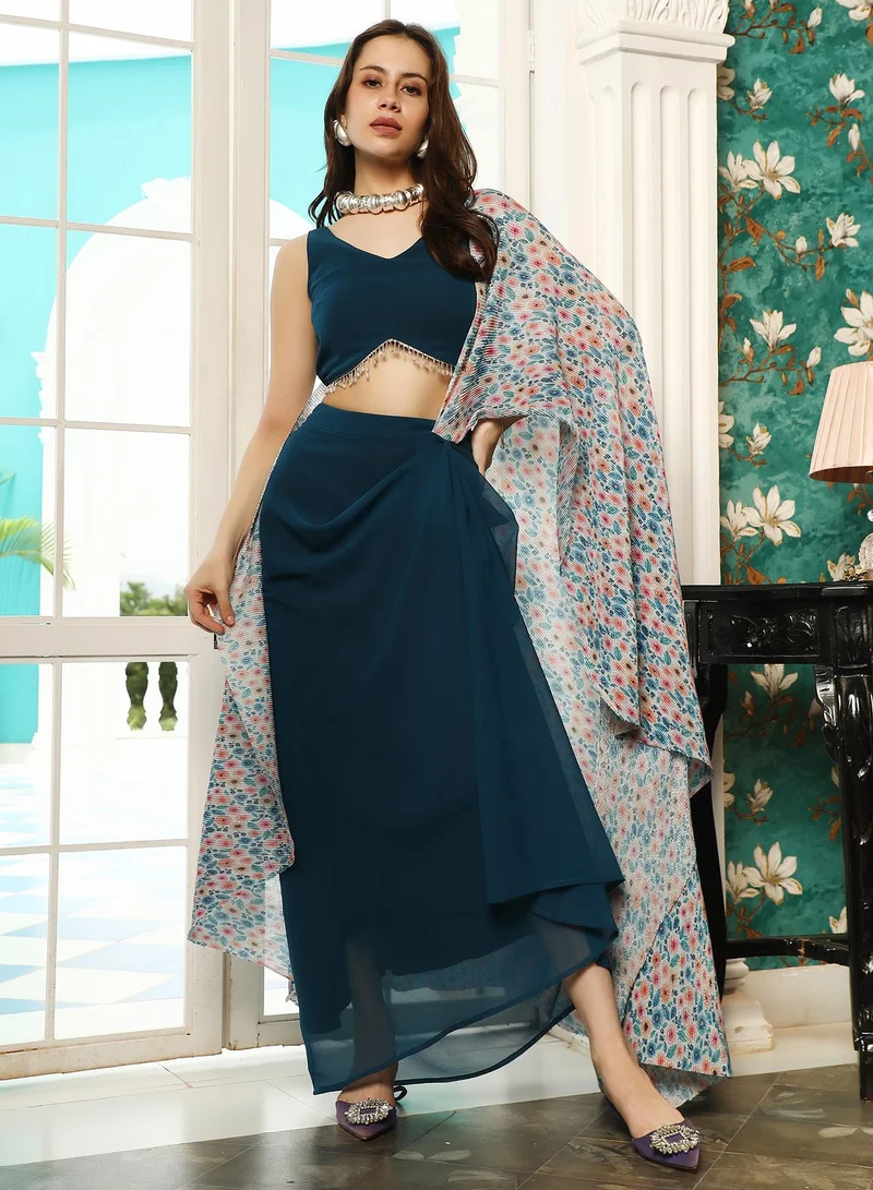 QISSA Women's Midnight Blue Pleated-Block Imprint Pre-Draped Saree For Ethnic Wear | V-Neck , Sleeveless , Asymmetrical Hem | 2 Piece Pre-Draped Saree Designed For Evening & Party Wear