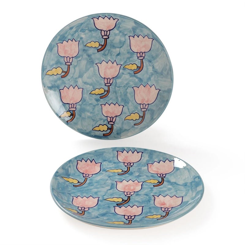 EYAAS LIVE LIFE Eyaas Lotus Hand-Painted Ceramic Dinner Plate Set of 2, Serving Plates, Ceramic Plates for Dinner, Microwave and Dishwasher Safe (2 Pcs, 10 Inch, Blue, Pink, & Yellow)  - Image 3