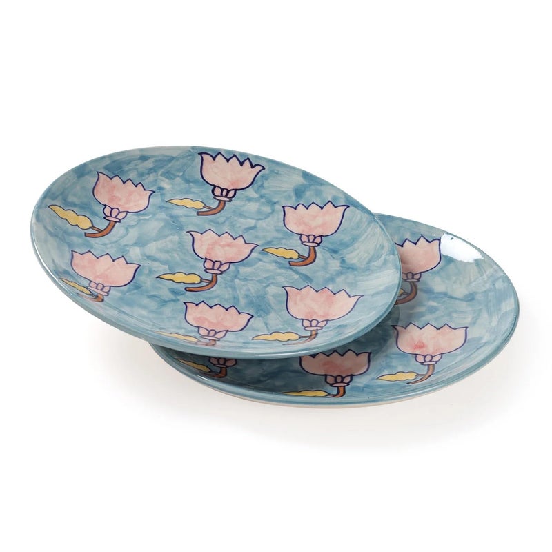 EYAAS LIVE LIFE Eyaas Lotus Hand-Painted Ceramic Dinner Plate Set of 2, Serving Plates, Ceramic Plates for Dinner, Microwave and Dishwasher Safe (2 Pcs, 10 Inch, Blue, Pink, & Yellow)  - Image 1