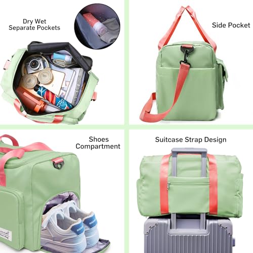 Suruid Travel Duffel Bag with Shoes Compartment Sports Gym Bag with Dry Wet Separated Pocket for Men and Women, Overnight Bag Weekender Bag Training Handbag Yoga Bag - Bright Green Pink - Image 3