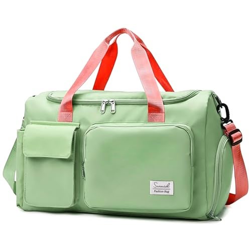 Suruid Travel Duffel Bag with Shoes Compartment Sports Gym Bag with Dry Wet Separated Pocket for Men and Women, Overnight Bag Weekender Bag Training Handbag Yoga Bag - Bright Green Pink - Image 1