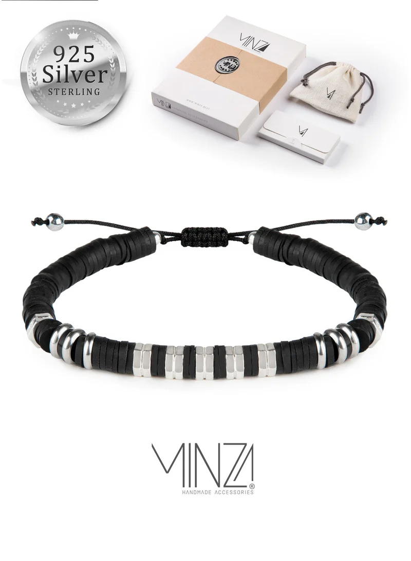 Minza Minza “Daaj” Men’s Bracelet, 925 Sterling Silver & Hematite Beads Bracelet, Steel & Black Fimo Adjustable Bracelet for Men, Handmade Jewelry for Casual & Everyday Wear.