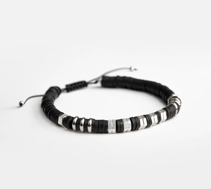 Minza Minza “Daaj” Men’s Bracelet, 925 Sterling Silver & Hematite Beads Bracelet, Steel & Black Fimo Adjustable Bracelet for Men, Handmade Jewelry for Casual & Everyday Wear.