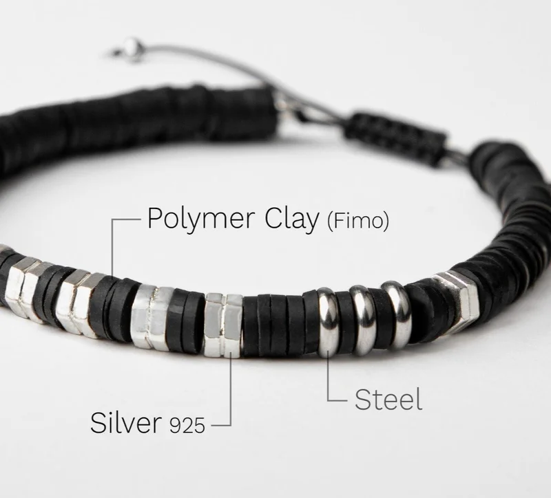 Minza  Minza “Daaj” Men’s Bracelet, 925 Sterling Silver & Hematite Beads Bracelet, Steel & Black Fimo Adjustable Bracelet for Men, Handmade Jewelry for Casual & Everyday Wear. for Men | Best Price UAE