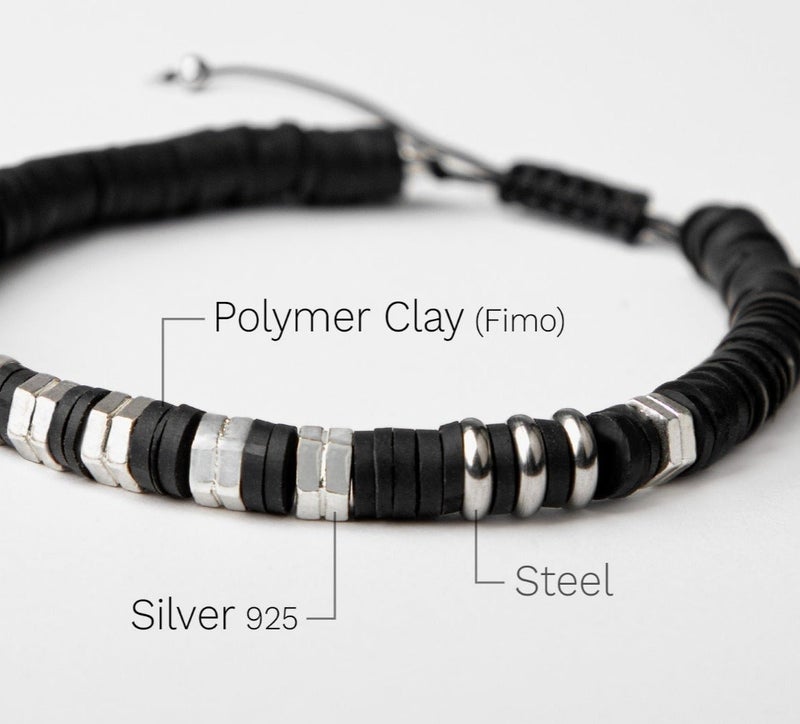 Minza “Daaj” Men’s Bracelet, 925 Sterling Silver & Hematite Beads Bracelet, Steel & Black Fimo Adjustable Bracelet for Men, Handmade Jewelry for Casual & Everyday Wear. - Image 5