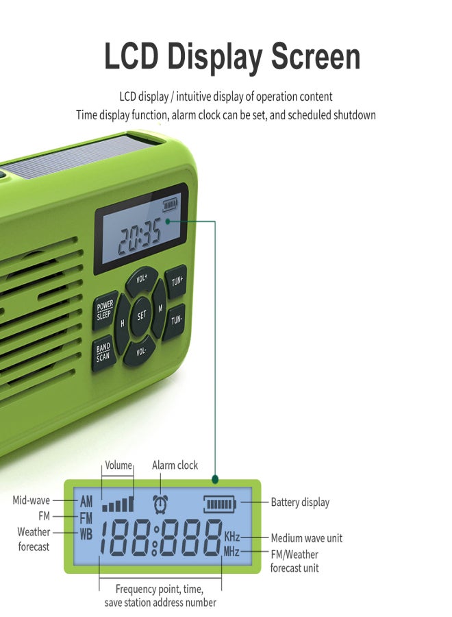 Multifunctional Digital Emergency Crank Radio,FM/AM Radio,WB Weather Forecast,Flashlight,Phone Charger,LED Flood Light,Siren&Blink,Dynamo,Alarm Clock,Solar,Power Off On Time. - Image 5