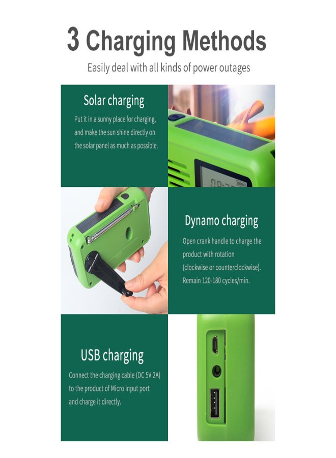 Multifunctional Digital Emergency Crank Radio,FM/AM Radio,WB Weather Forecast,Flashlight,Phone Charger,LED Flood Light,Siren&Blink,Dynamo,Alarm Clock,Solar,Power Off On Time. - Image 4