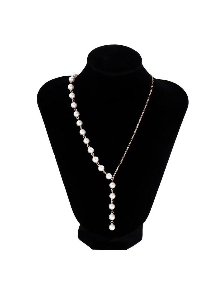 Goolsky Boho Pearl Neckalce Long Pearl Drop Y Necklace Gold Pearl Choker Necklace Pearl Beaded Chain Necklace Vintage Pearl Tassel Neckalce Asymmetrical Pearl Pendant Necklace - Image 1