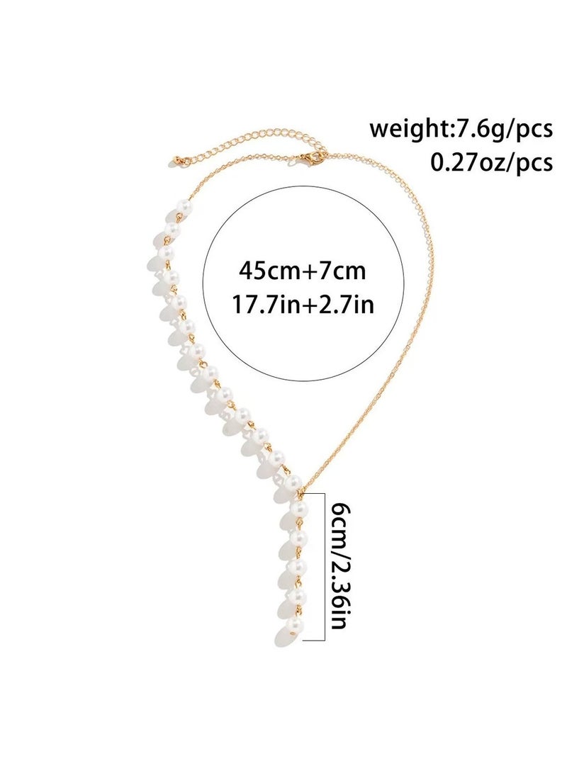 Goolsky Boho Pearl Neckalce Long Pearl Drop Y Necklace Gold Pearl Choker Necklace Pearl Beaded Chain Necklace Vintage Pearl Tassel Neckalce Asymmetrical Pearl Pendant Necklace - Image 3