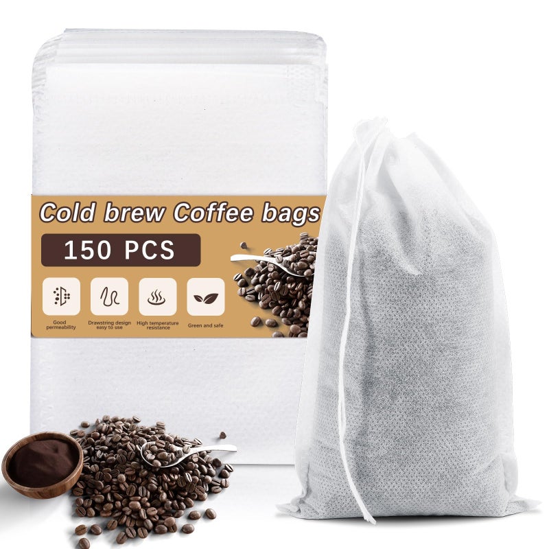 lipetol 150 Pcs Cold Brew Bags 4x6 inch, No Mess Disposable Cold Brew Coffee Filter Pouches with Drawstring Large Empty Tea Bag for Loose Leaf Tea, Iced Coffee, Herbs, Spice, Home brewing, Hot pot - Image 1