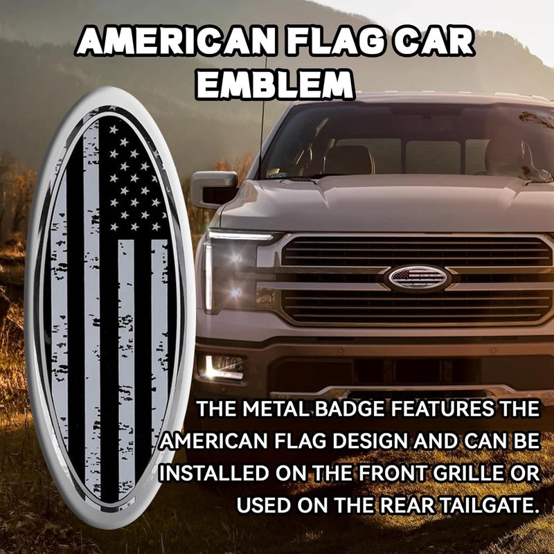 Hirificing Tailgate Emblem for Ford F150 F250 F350 Gray American Flag 9 Inch Front Grill Emblem for Ford Emblem, Aluminum Oval Overlay Front Grill Rear Tailgate American Flag Decal Badge(Gray) Flexible anti-break - Image 3