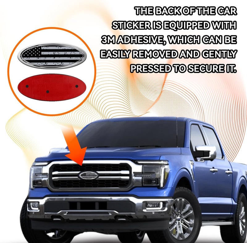 Hirificing Tailgate Emblem for Ford F150 F250 F350 Gray American Flag 9 Inch Front Grill Emblem for Ford Emblem, Aluminum Oval Overlay Front Grill Rear Tailgate American Flag Decal Badge(Gray) Flexible anti-break - Image 5