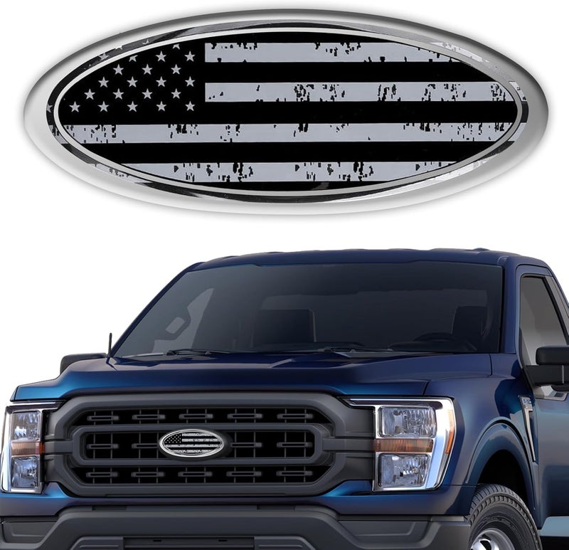 Hirificing Tailgate Emblem for Ford F150 F250 F350 Gray American Flag 9 Inch Front Grill Emblem for Ford Emblem, Aluminum Oval Overlay Front Grill Rear Tailgate American Flag Decal Badge(Gray) Flexible anti-break - Image 1
