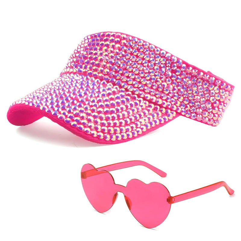 JIANGLAI Sparkling Rhinestone Visor Hat for Women Adjustable Sun Visor with Heart Party Sunglasses Perfect for Golf Disco and Cowgirl Style Hot Pink - Image 2