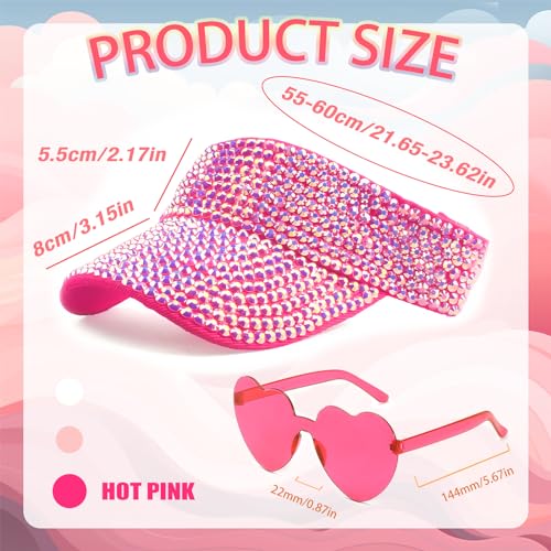 JIANGLAI Sparkling Rhinestone Visor Hat for Women Adjustable Sun Visor with Heart Party Sunglasses Perfect for Golf Disco and Cowgirl Style Hot Pink - Image 3