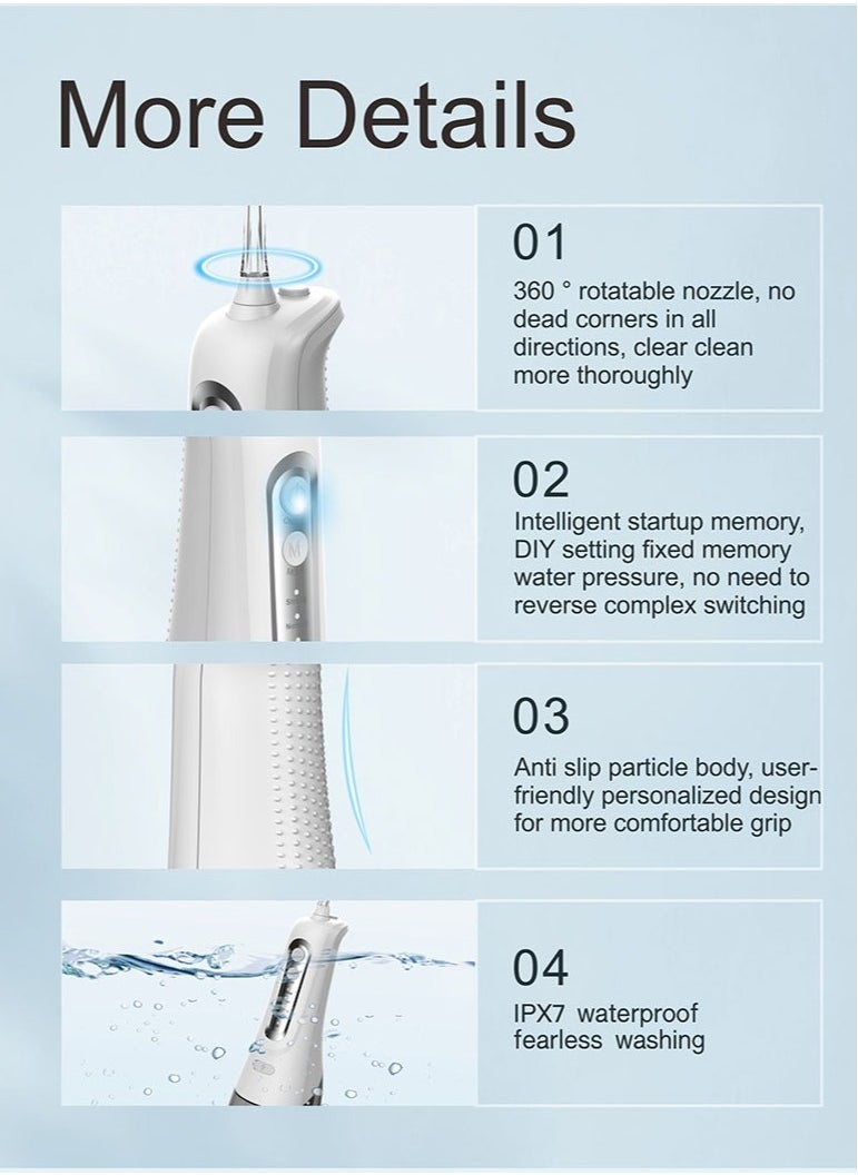 DOSCHER جهاز تنظيف الأسنان بالماء المحمول لتنظيف الأسنان جهاز ري الفم مع 4 أوضاع 4 فوهات قابلة للتعديل مقاوم للماء IPX7 سعة 300 مل - Image 5