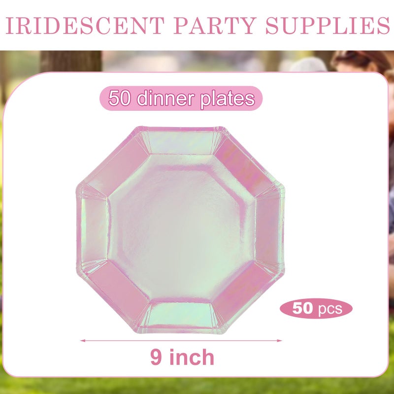 Newtay 50 Pcs Pink Holographic Paper Plates Iridescent Foil Disposable Plates Octagonal 9"" Holographic Party Dinner Plates for Birthday Wedding Baby Shower Party Supplies - Image 2
