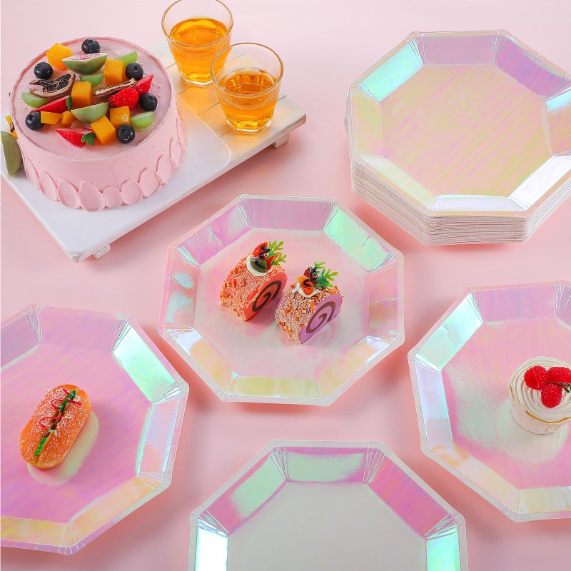 Newtay 50 Pcs Pink Holographic Paper Plates Iridescent Foil Disposable Plates Octagonal 9"" Holographic Party Dinner Plates for Birthday Wedding Baby Shower Party Supplies - Image 4