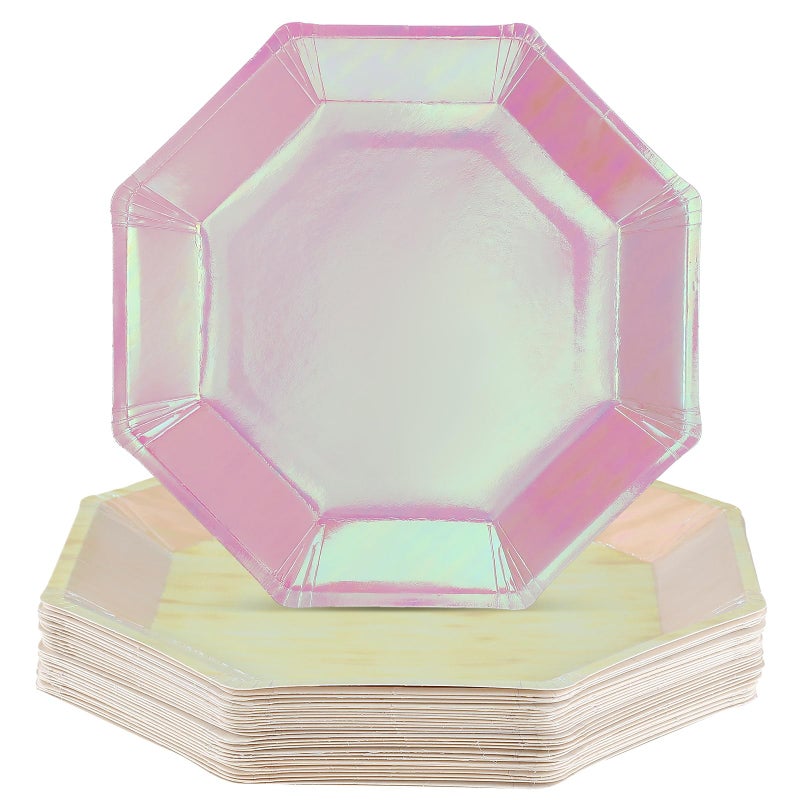 Newtay 50 Pcs Pink Holographic Paper Plates Iridescent Foil Disposable Plates Octagonal 9"" Holographic Party Dinner Plates for Birthday Wedding Baby Shower Party Supplies - Image 1