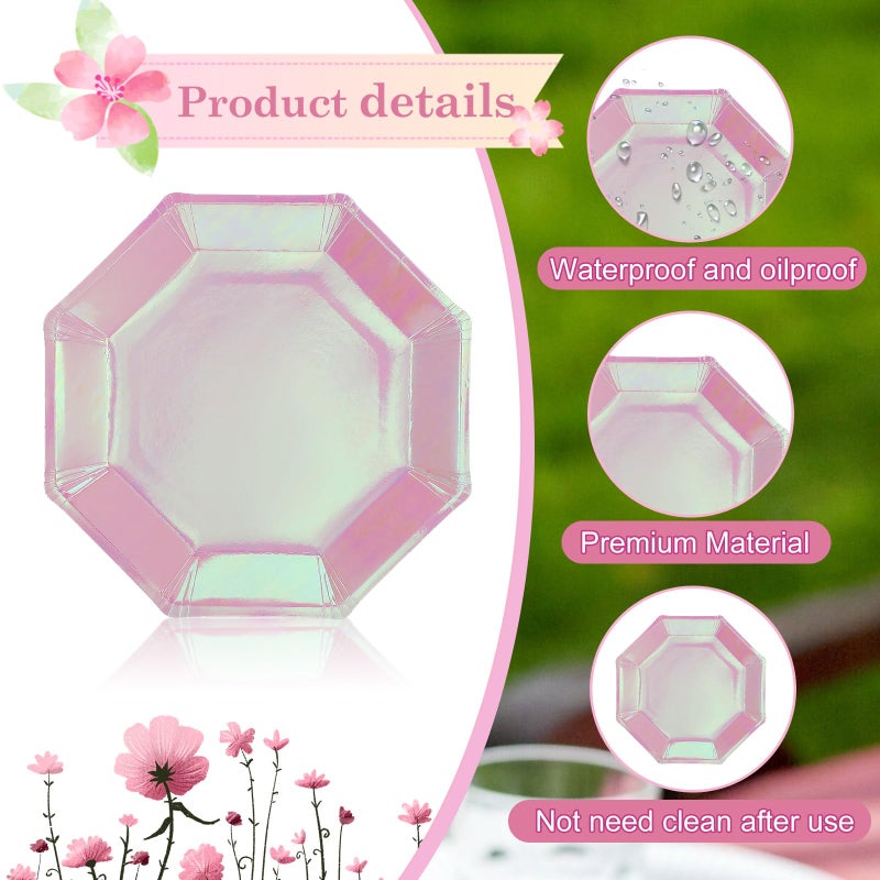 Newtay 50 Pcs Pink Holographic Paper Plates Iridescent Foil Disposable Plates Octagonal 9"" Holographic Party Dinner Plates for Birthday Wedding Baby Shower Party Supplies - Image 3