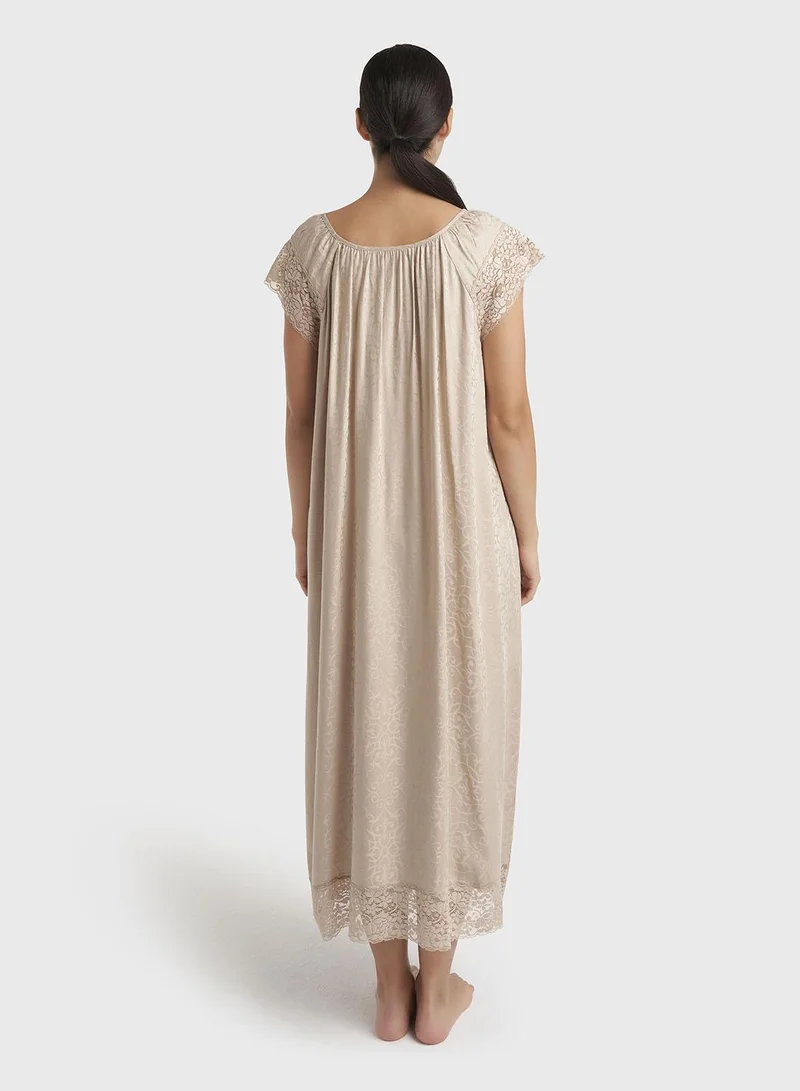 Kashkha  Dark Beige Jacquard Print Rayon Mini Nightwear Dress (CNH490) for Women | Best Price UAE