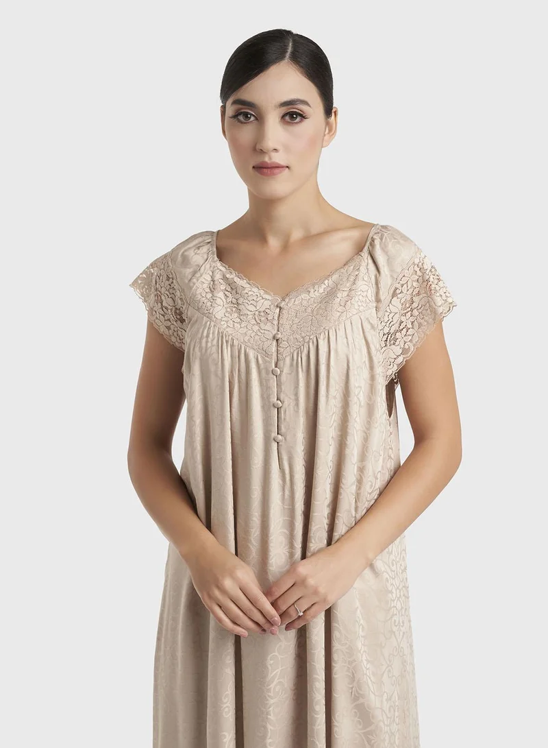 Kashkha Dark Beige Jacquard Print Rayon Mini Nightwear Dress (CNH490)