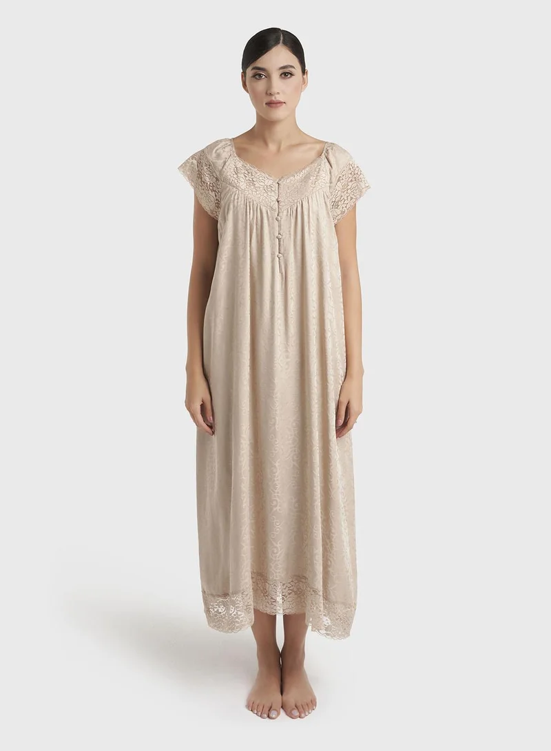 Kashkha Dark Beige Jacquard Print Rayon Mini Nightwear Dress (CNH490)