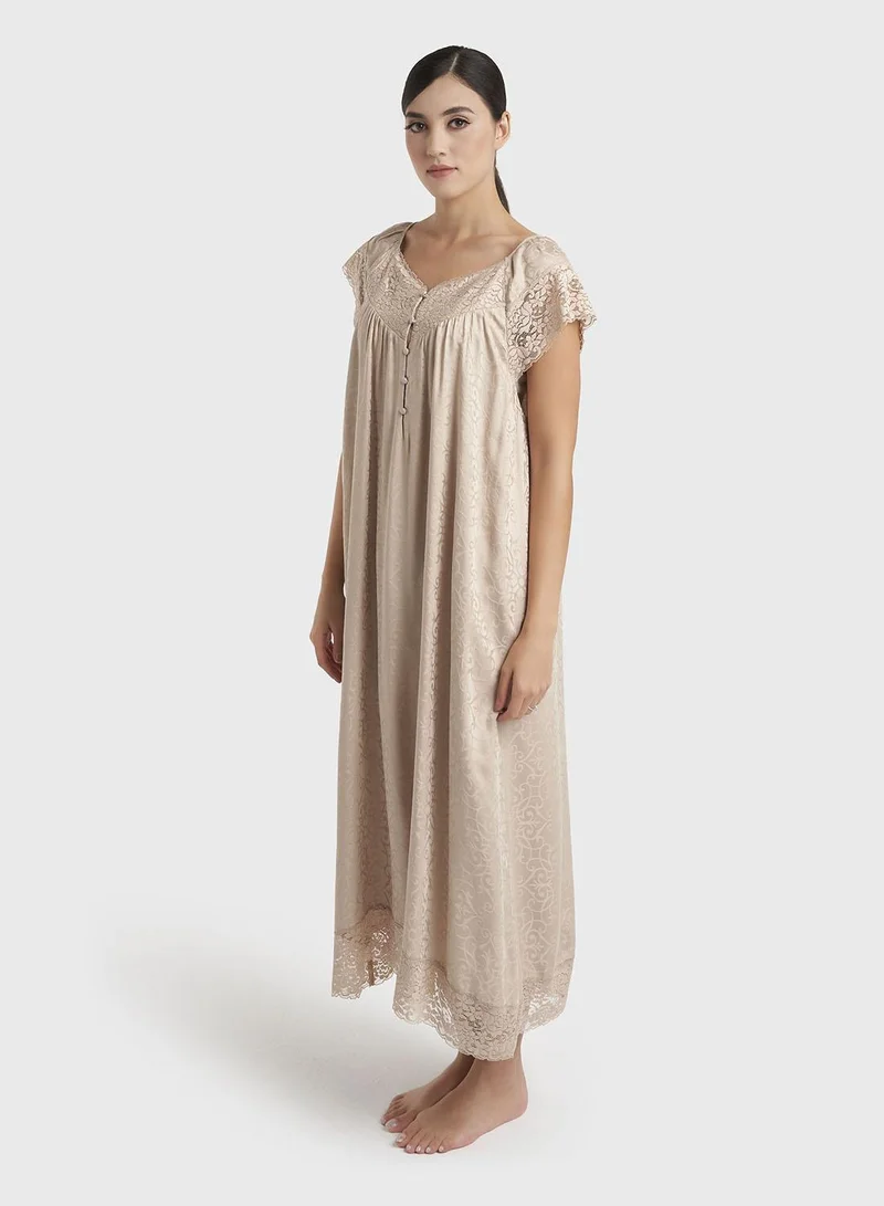 Kashkha  Dark Beige Jacquard Print Rayon Mini Nightwear Dress (CNH490) for Women | Best Price UAE