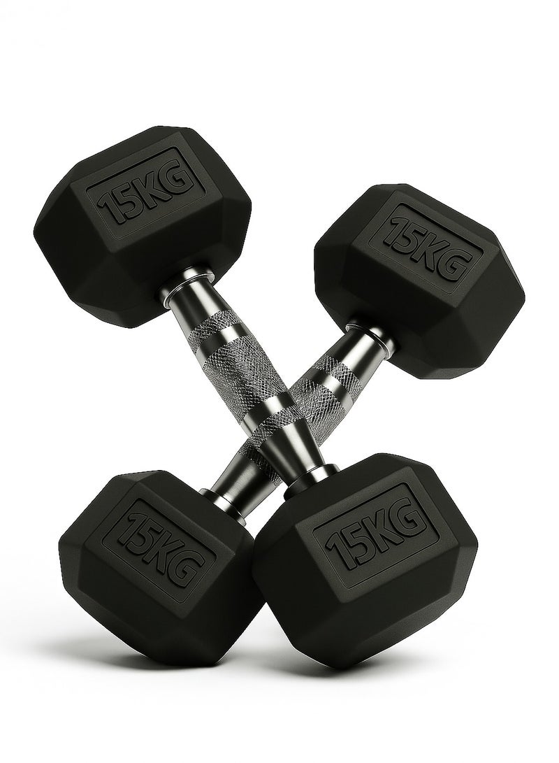 بلا نهاية زوج من الدمبل سداسي الشكل مطلي بالمطاط بوزن 15 كجم (2 × 33 رطلاً) | اللون: أسود | المادة: حديد ومطاط | مثالي لكمال الأجسام، واللياقة البدنية، ورفع الأثقال، والتدريب في المنزل أو الصالة الرياضية - Image 1